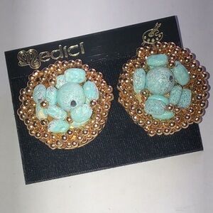 Medici Turquoise and Gold Tone Beaded Vintage Retro Boho Earrings